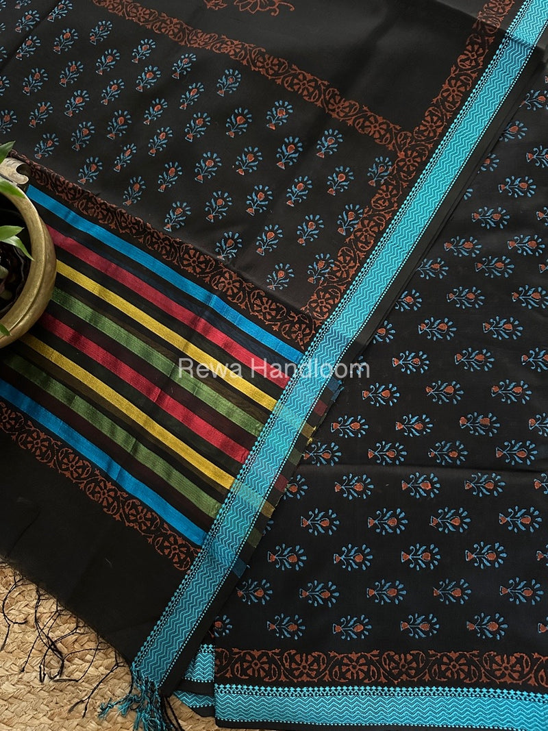 Maheshwari Black Handblock Print Top-Dupatta HBS0149
