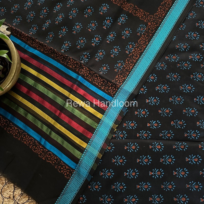 Maheshwari Black Handblock Print Top-Dupatta HBS0149