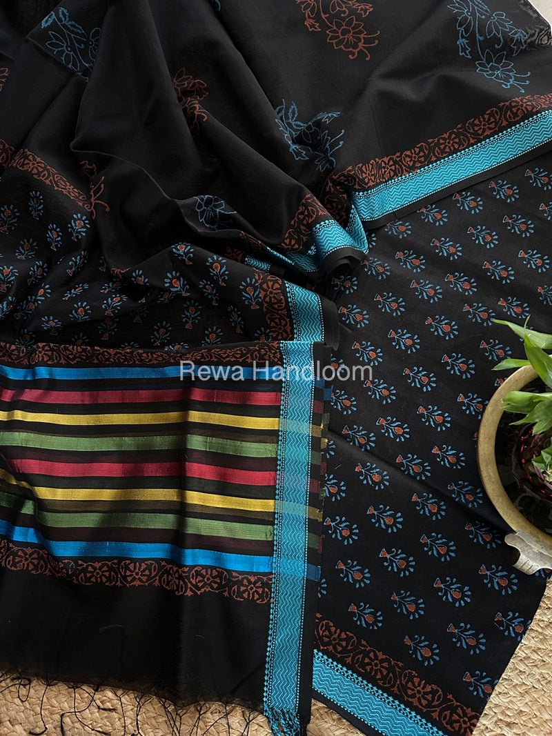Maheshwari Black Handblock Print Top-Dupatta HBS0149