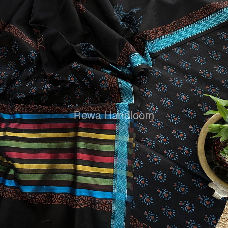 Maheshwari Black Handblock Print Top-Dupatta HBS0149