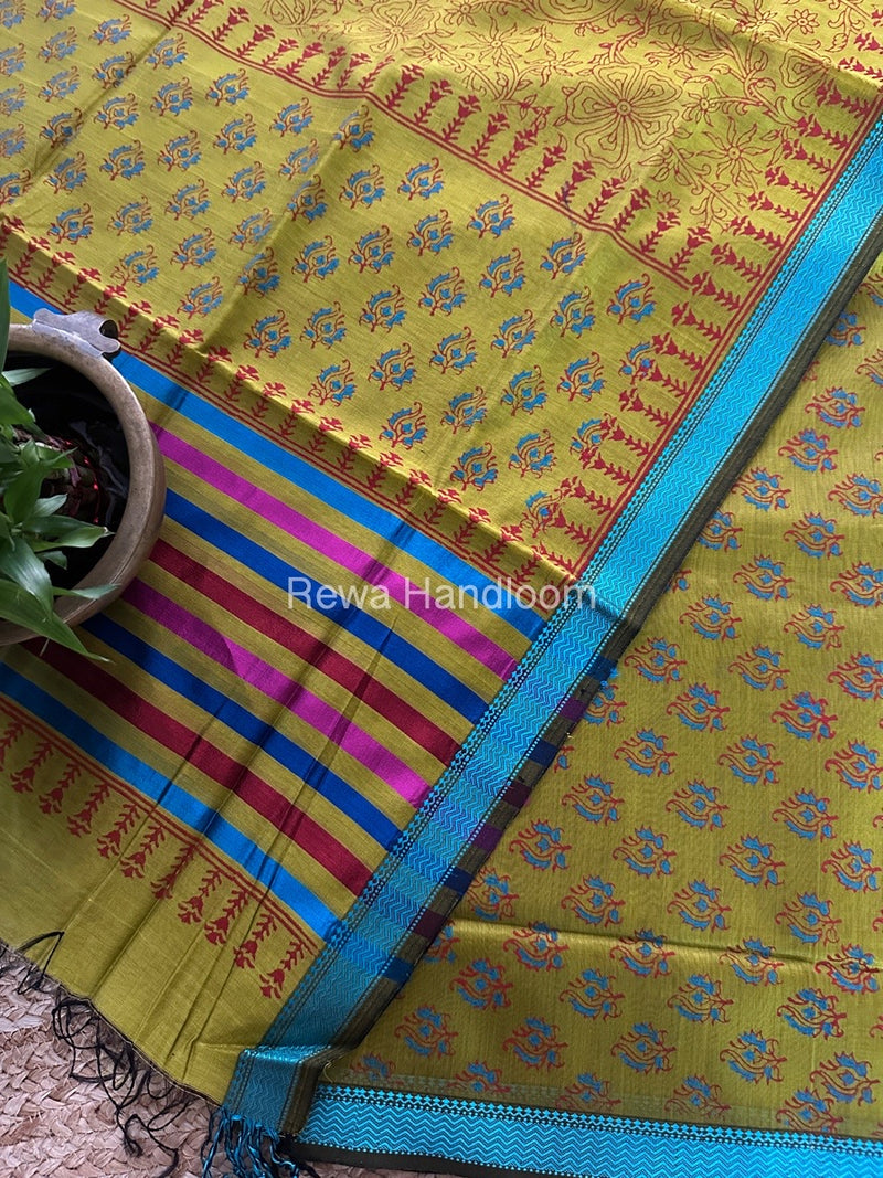 Maheshwari Mustard Yellow Handblock Print Top-Dupatta HBS0150