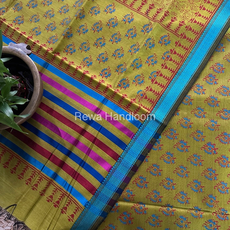 Maheshwari Mustard Yellow Handblock Print Top-Dupatta HBS0150