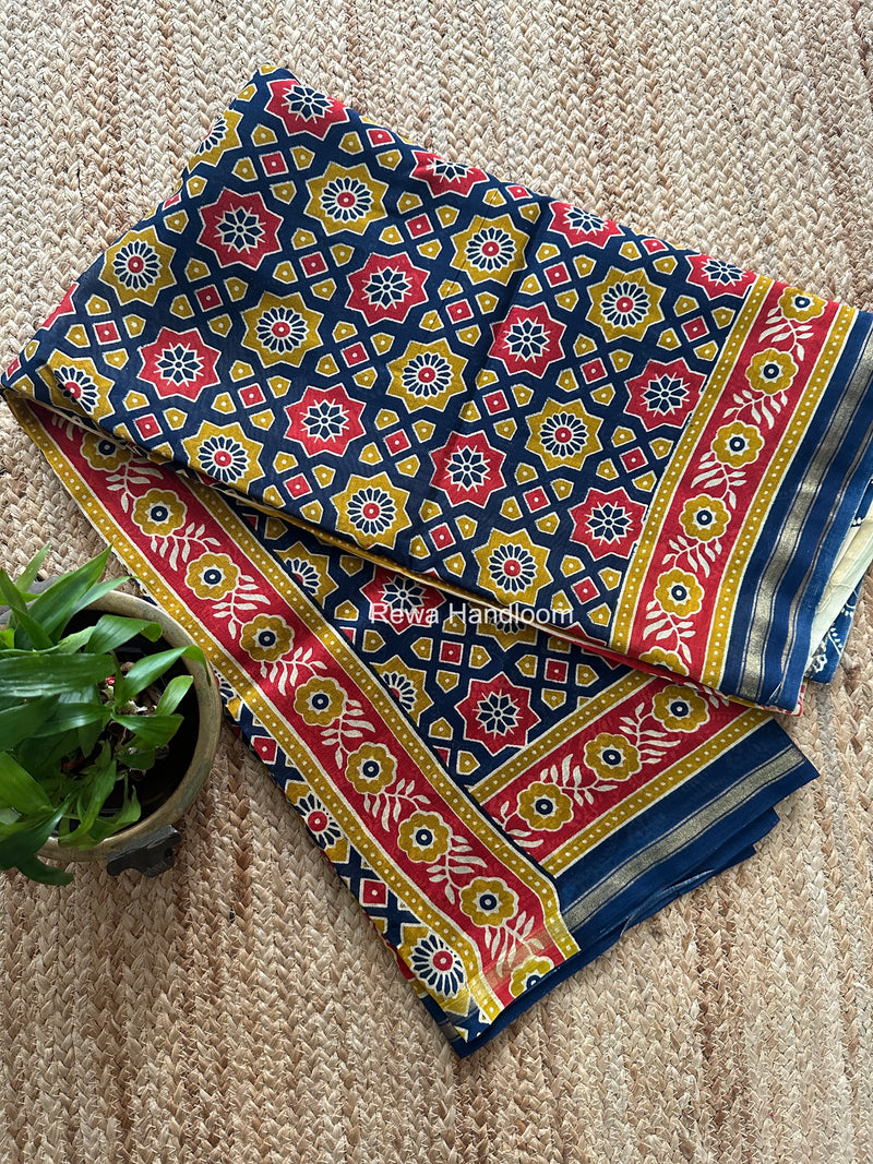 Navy Blue Chanderi Silk Printed Saree CPS096