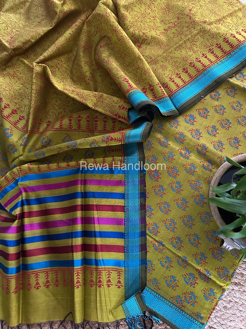 Maheshwari Mustard Yellow Handblock Print Top-Dupatta HBS0150