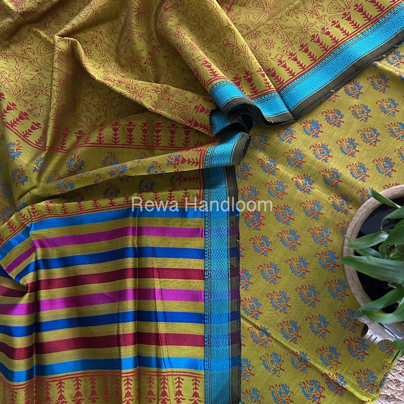 Maheshwari Mustard Yellow Handblock Print Top-Dupatta HBS0150
