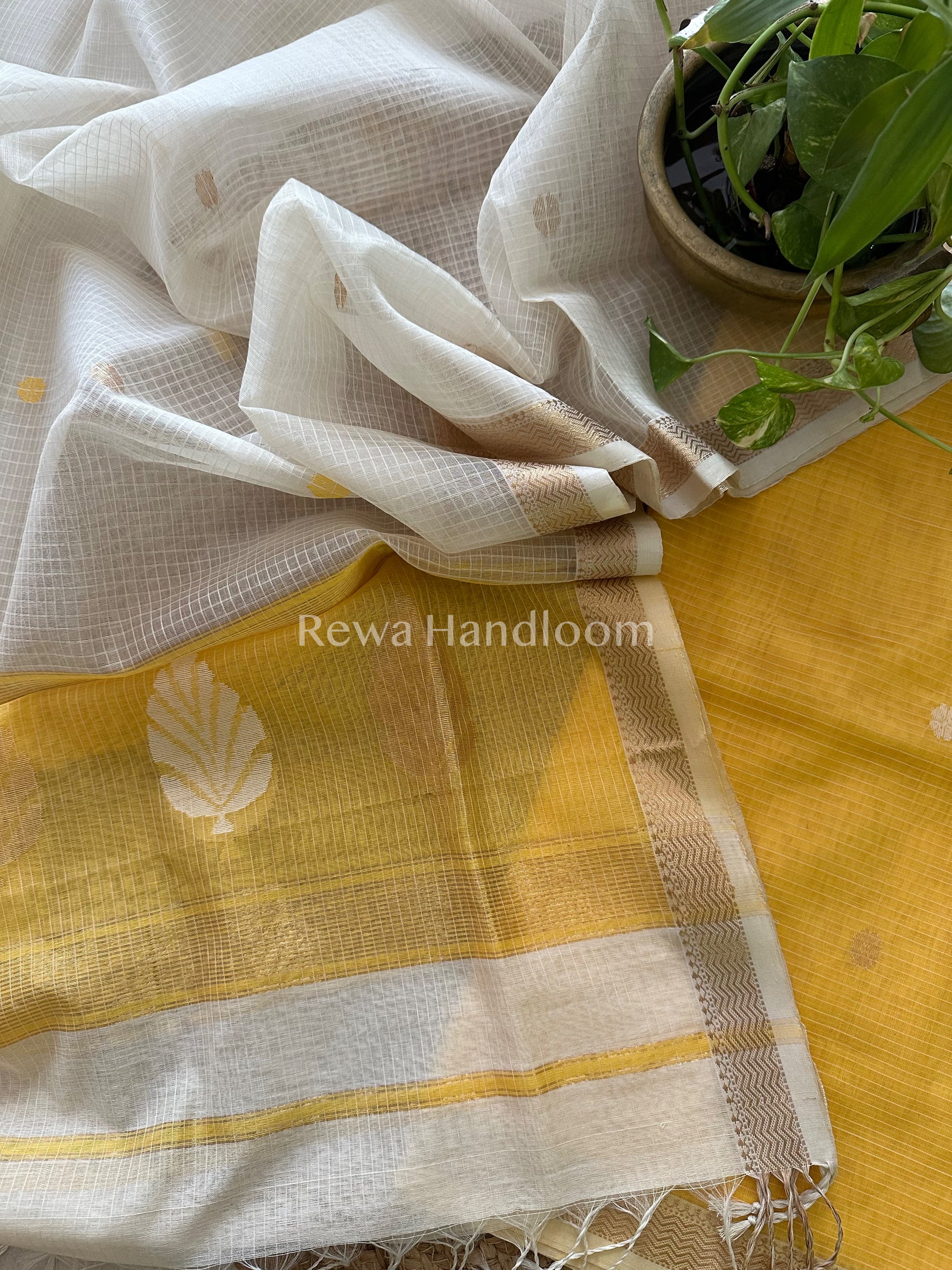 Maheshwari Golden Yellow - White Katan Motifs Top Dupatta Sets-KBS049