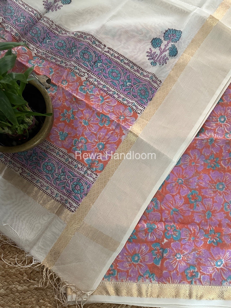 Maheshwari Orange-White Handblock Print Top-Dupatta HBS098