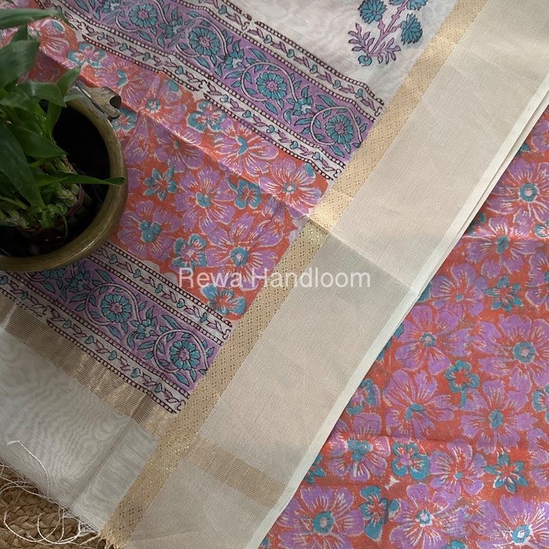 Maheshwari Orange-White Handblock Print Top-Dupatta HBS098
