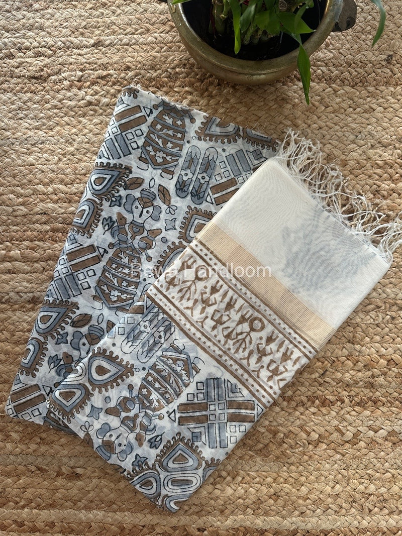 Maheshwari White Handblock Print Top-Dupatta HBS0147