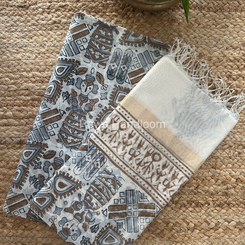 Maheshwari White Handblock Print Top-Dupatta HBS0147