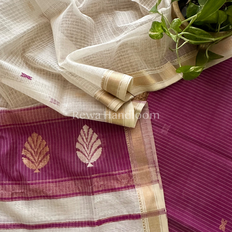 Maheshwari Magenta Blue- White Katan Motifs Top Dupatta Sets-KBS061
