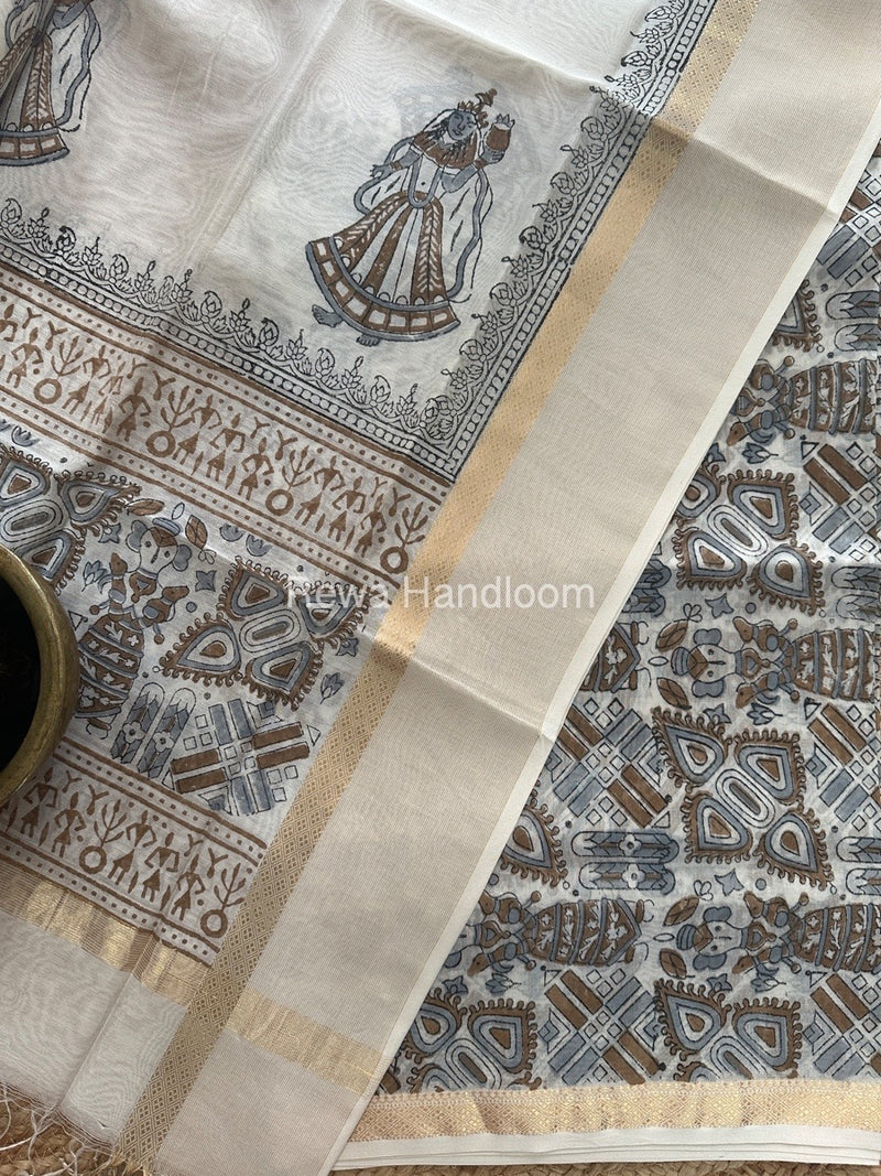 Maheshwari White Handblock Print Top-Dupatta HBS0147