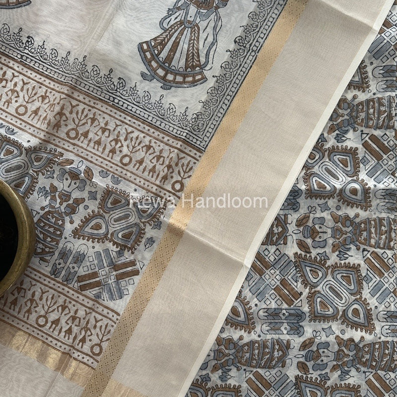 Maheshwari White Handblock Print Top-Dupatta HBS0147