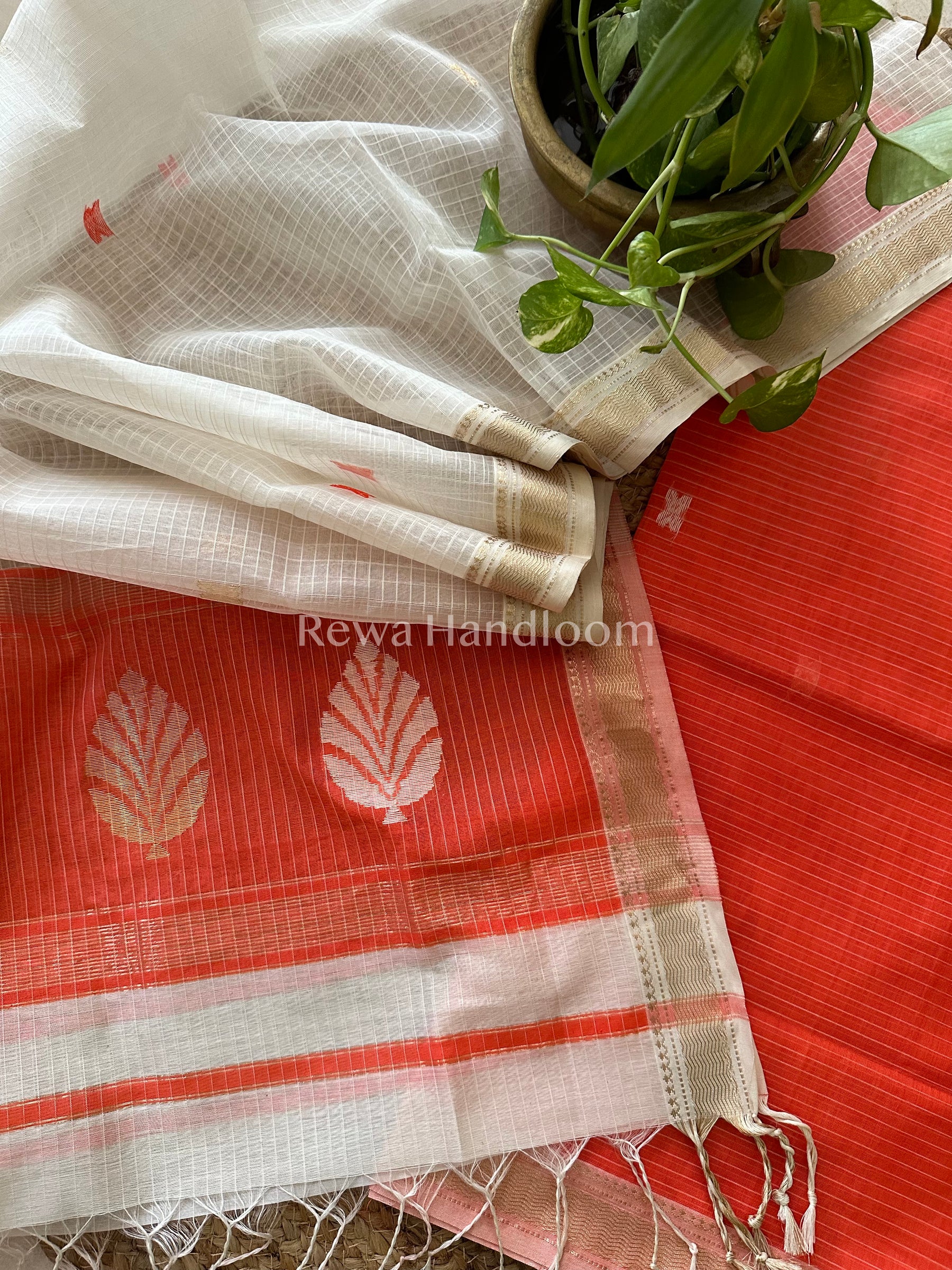 Maheshwari Orange- White Katan Motifs Top Dupatta Sets-KBS056