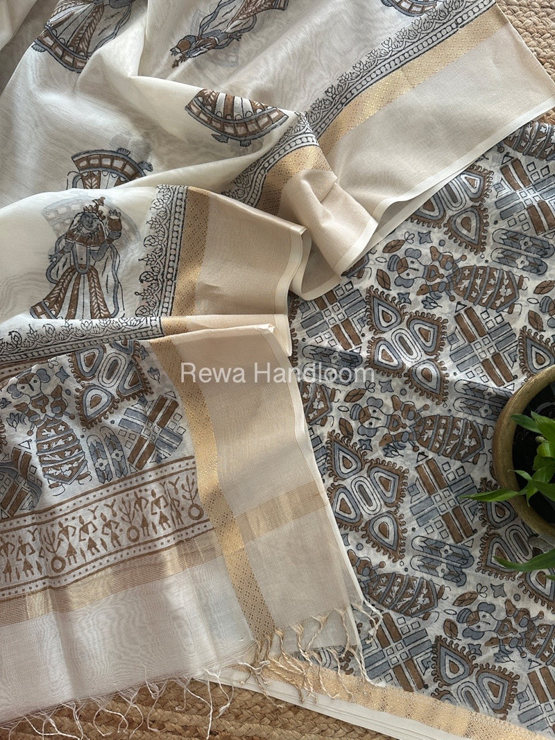 Maheshwari White Handblock Print Top-Dupatta HBS0147