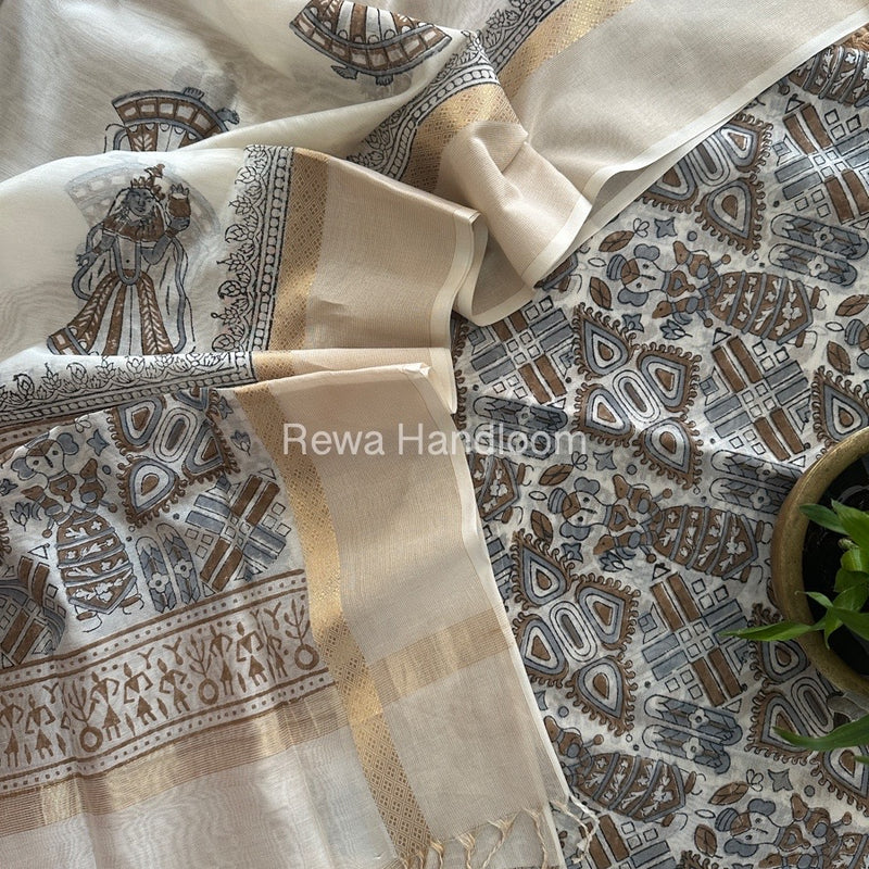 Maheshwari White Handblock Print Top-Dupatta HBS0147