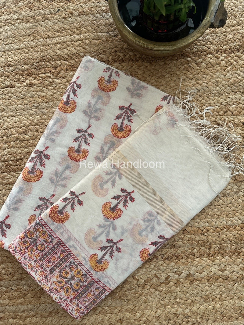 Maheshwari White Handblock Print Top-Dupatta HBS0140