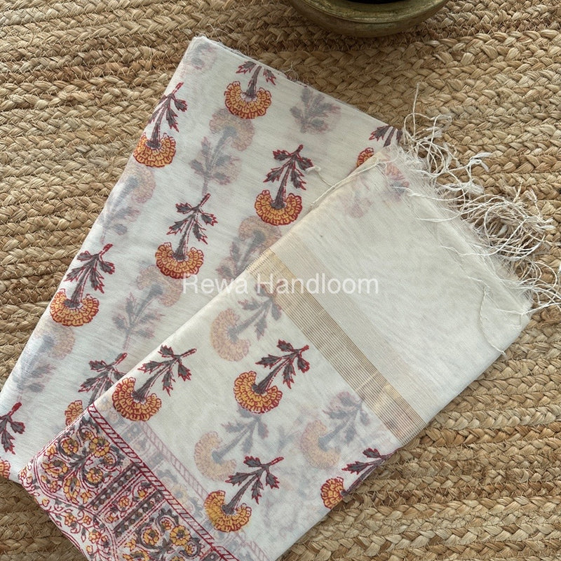 Maheshwari White Handblock Print Top-Dupatta HBS0140
