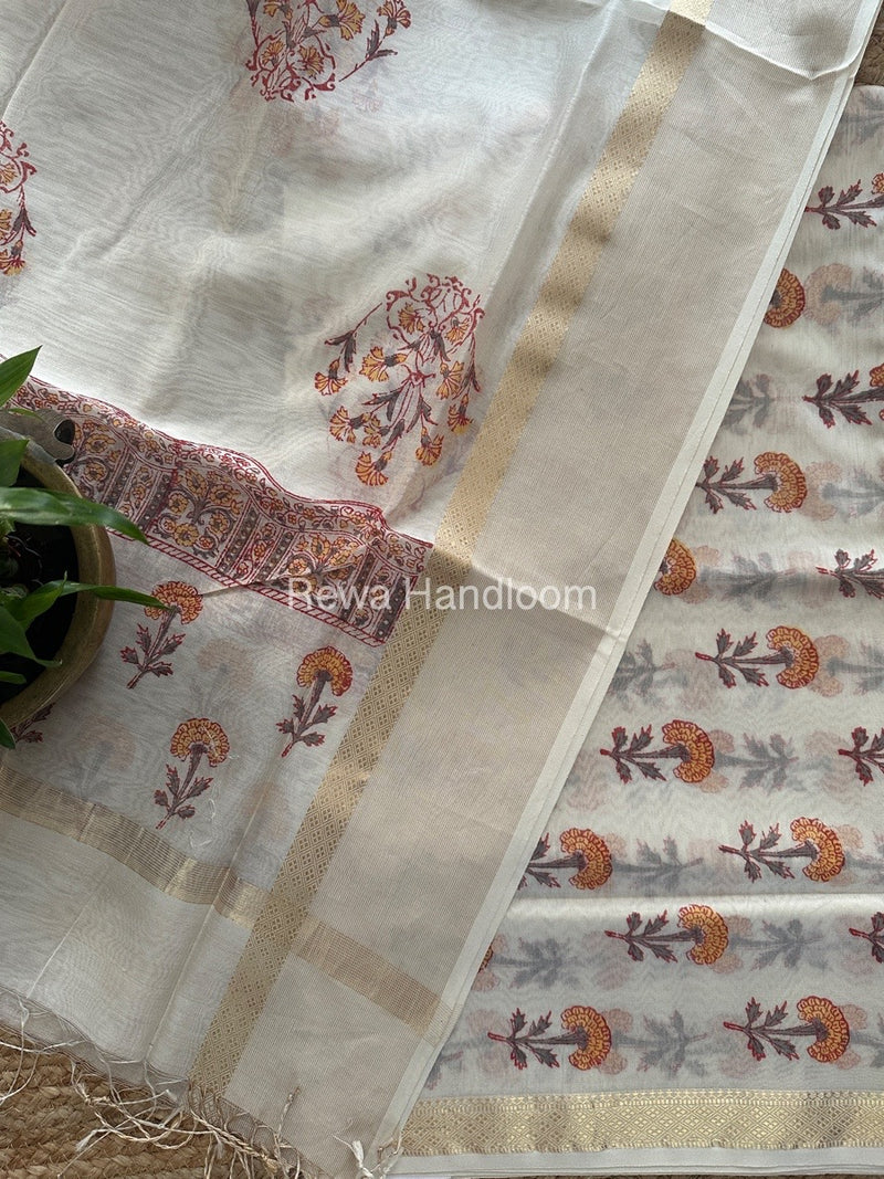 Maheshwari White Handblock Print Top-Dupatta HBS0140