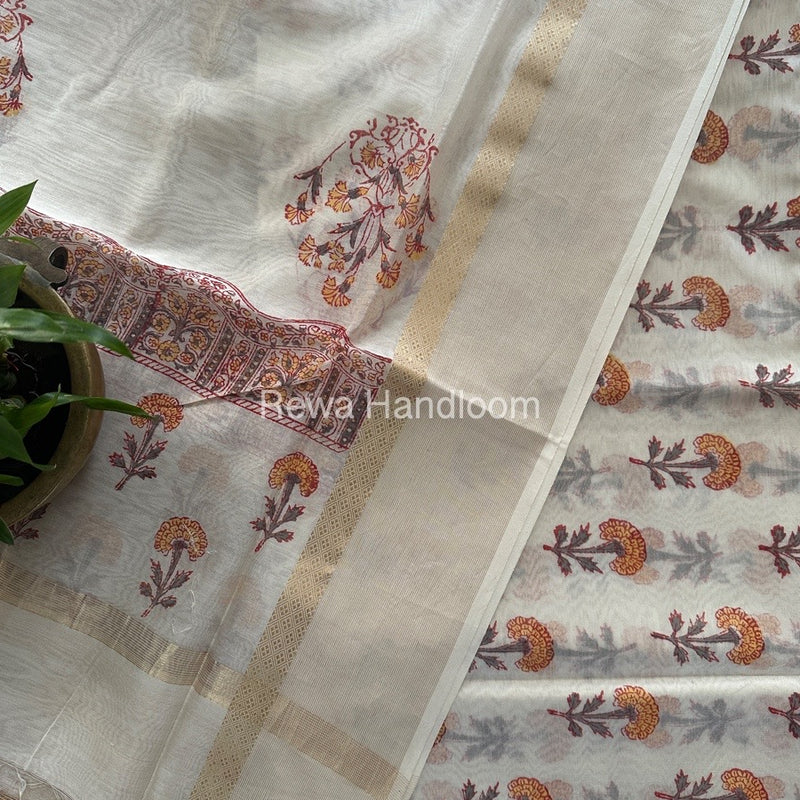 Maheshwari White Handblock Print Top-Dupatta HBS0140