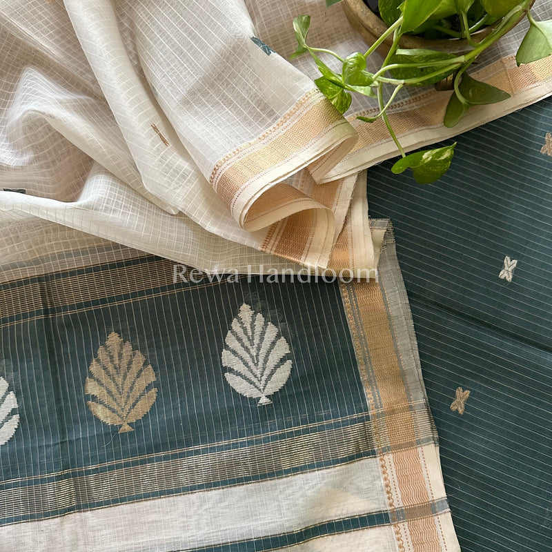 Maheshwari Dark Slate Grey- White Katan Motifs Top Dupatta Sets KBS055