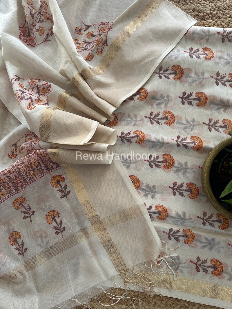 Maheshwari White Handblock Print Top-Dupatta HBS0140