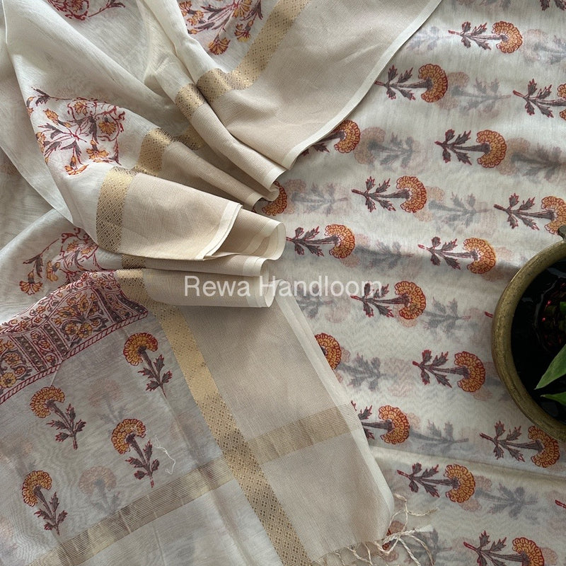 Maheshwari White Handblock Print Top-Dupatta HBS0140