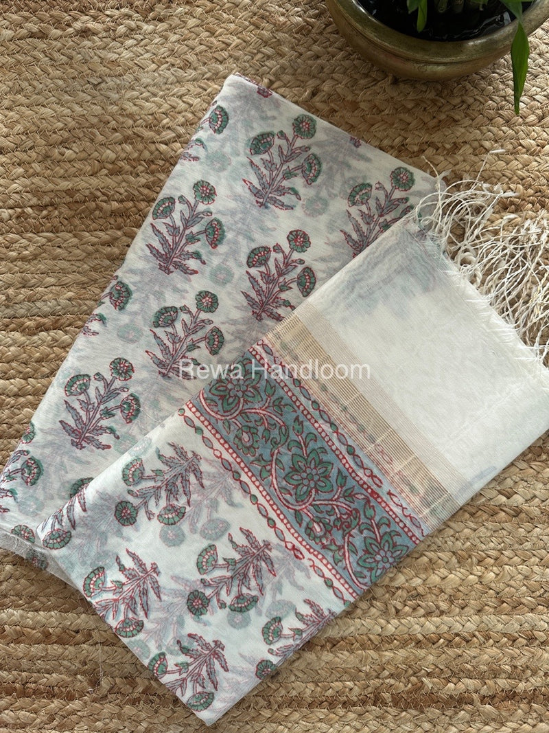 Maheshwari White Handblock Print Top-Dupatta HBS082