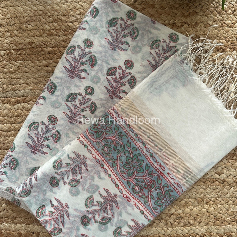 Maheshwari White Handblock Print Top-Dupatta HBS082