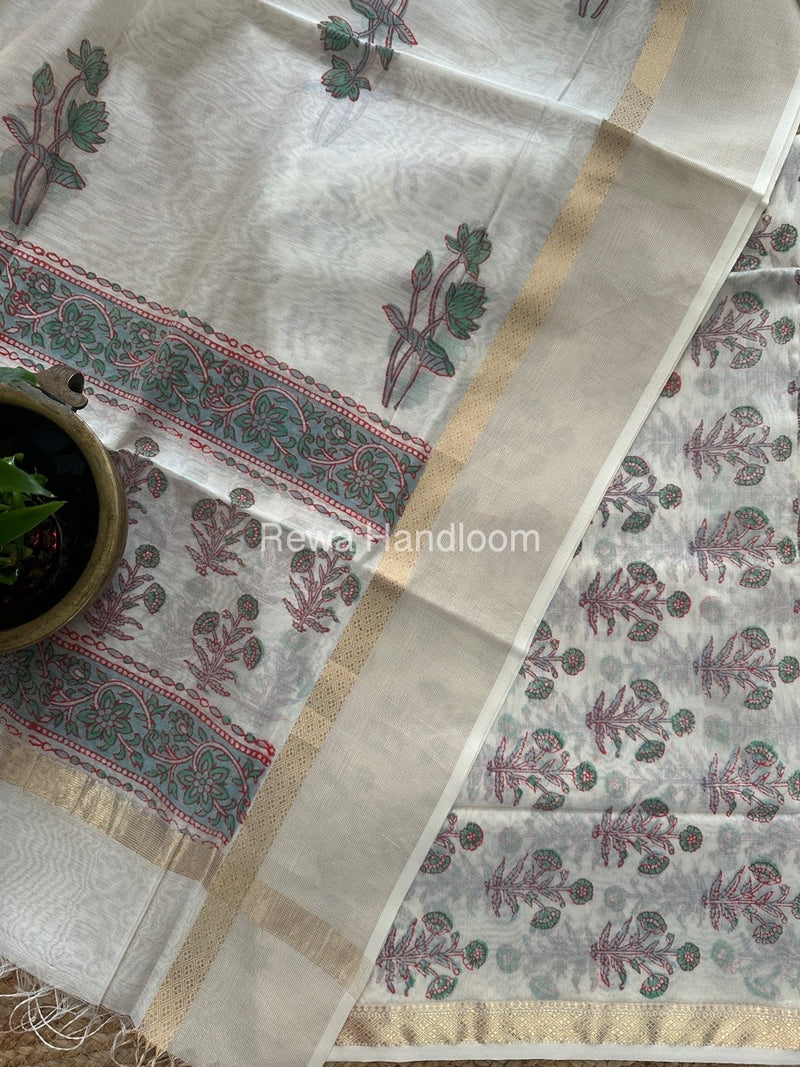 Maheshwari White Handblock Print Top-Dupatta HBS082