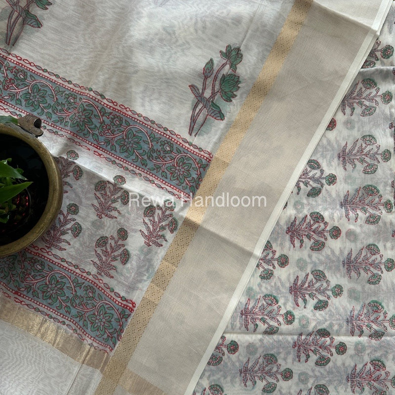 Maheshwari White Handblock Print Top-Dupatta HBS082