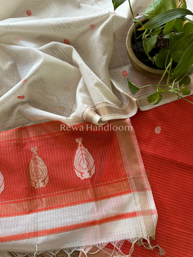 Maheshwari Orange - White Motifs Top Dupatta Sets-NBS232