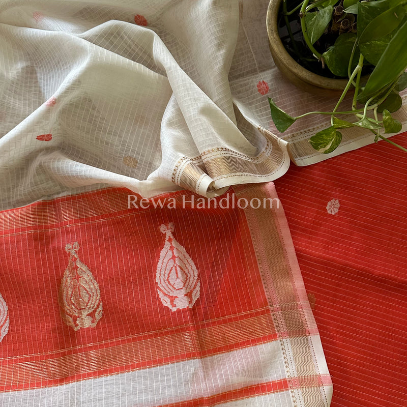 Maheshwari Orange - White Motifs Top Dupatta Sets-NBS232