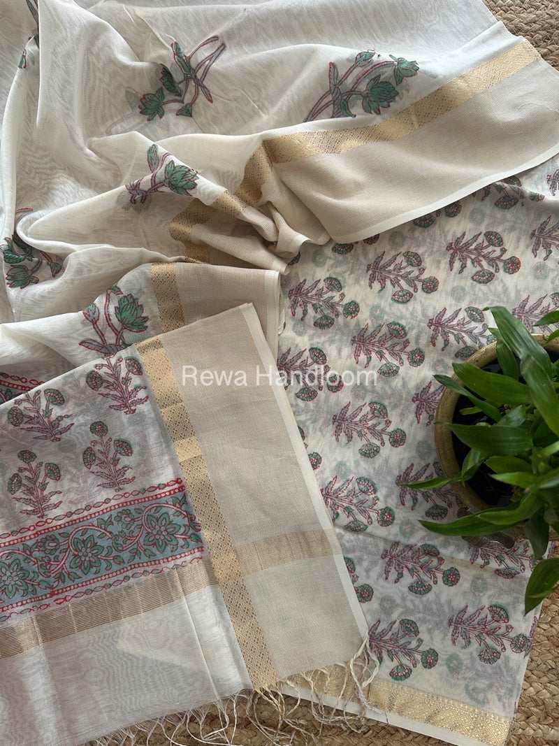 Maheshwari White Handblock Print Top-Dupatta HBS082