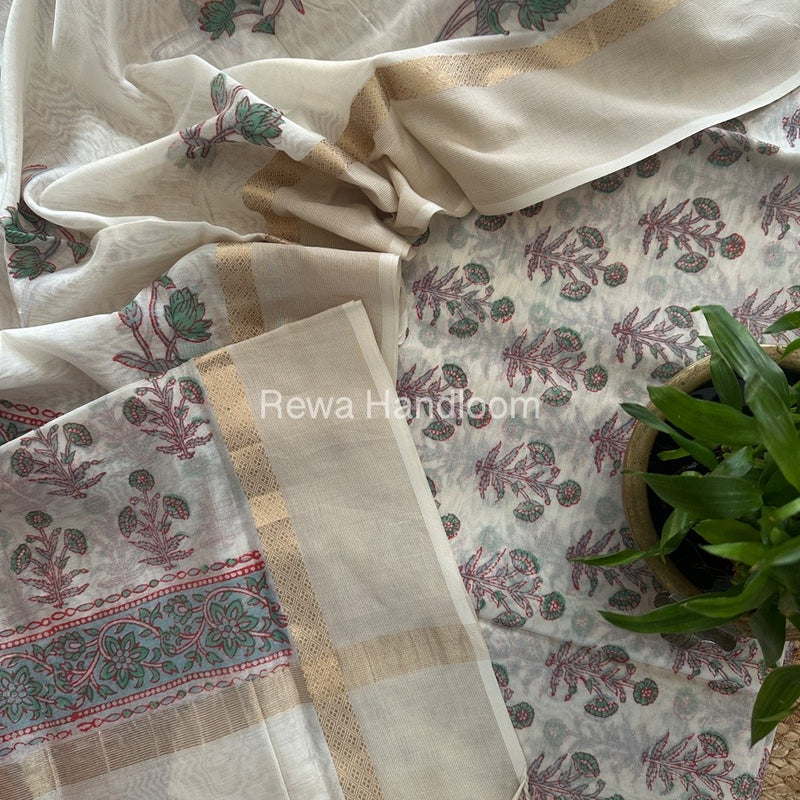 Maheshwari White Handblock Print Top-Dupatta HBS082