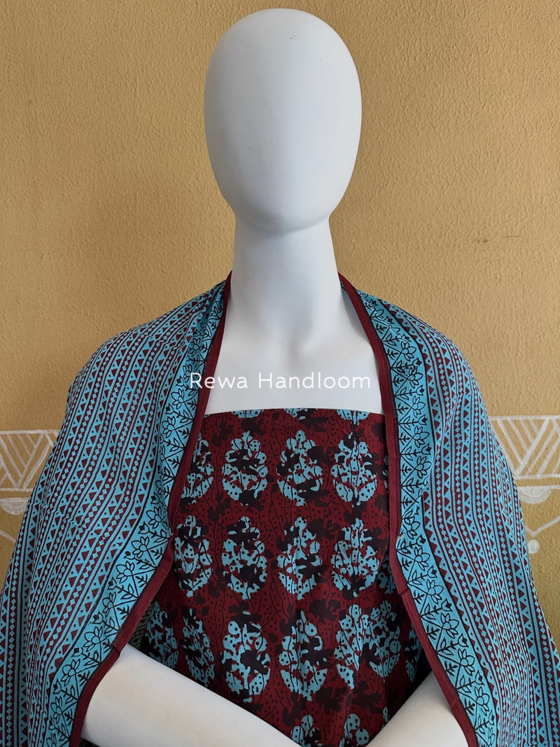 Maroon-Sky Blue Bagh Print Cotton Suit BGCSJ0172