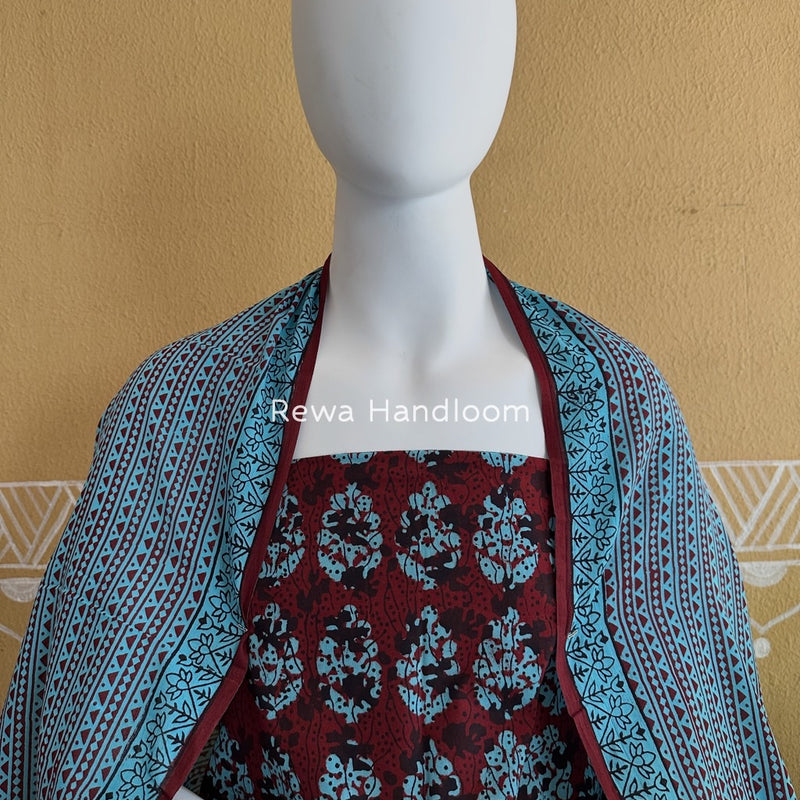Maroon-Sky Blue Bagh Print Cotton Suit BGCSJ0172