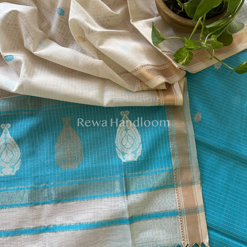 Maheshwari Sea Blue - White Motifs Top Dupatta Sets-NBS204