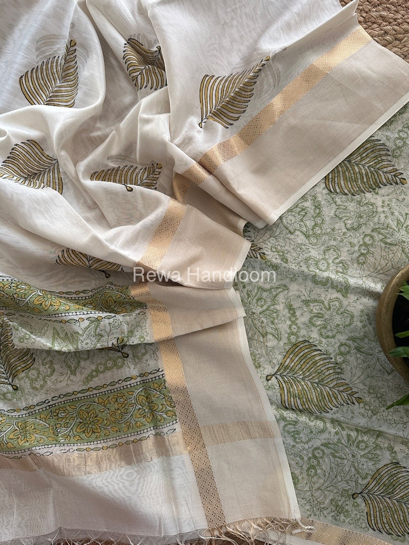 Maheshwari White Handblock Print Top-Dupatta HBS0134