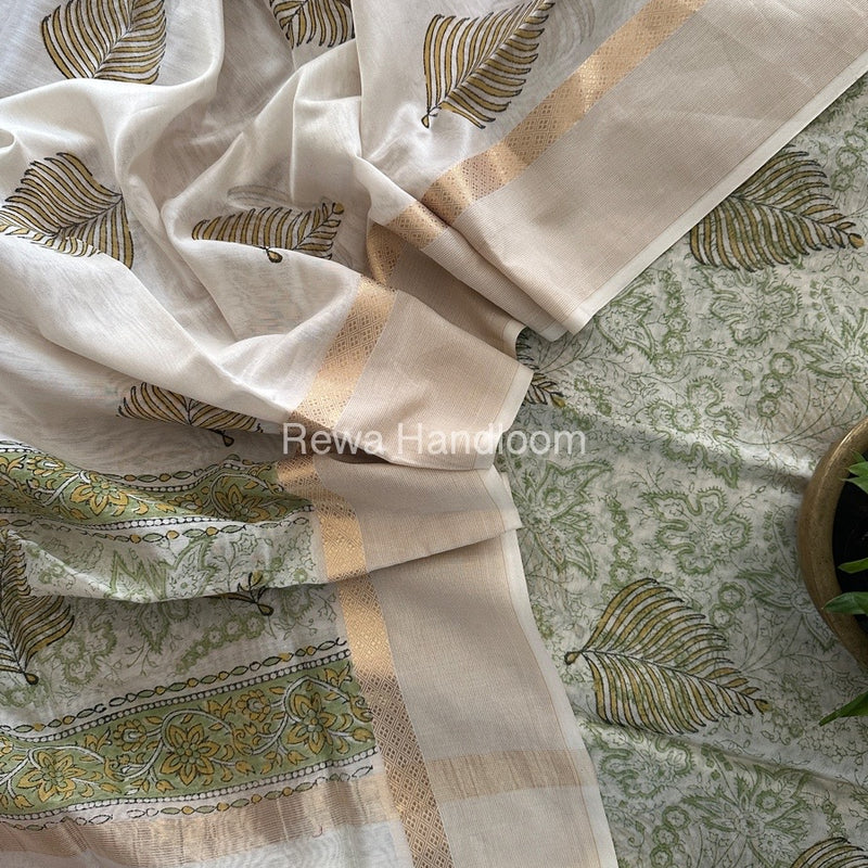 Maheshwari White Handblock Print Top-Dupatta HBS0134