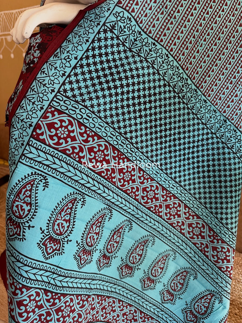 Maroon-Sky Blue Bagh Print Cotton Suit BGCSJ0172