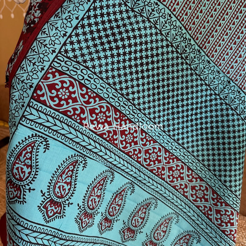 Maroon-Sky Blue Bagh Print Cotton Suit BGCSJ0172