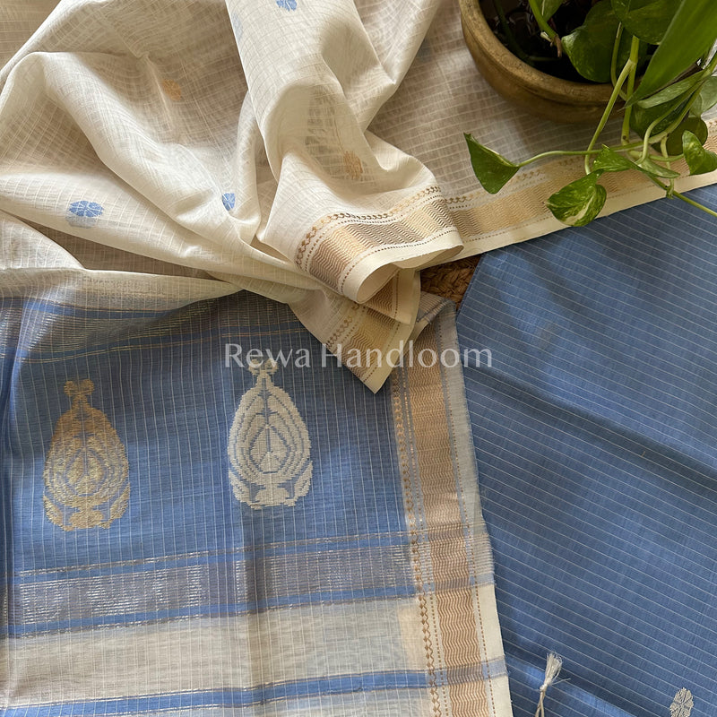Maheshwari Light Steel Blue - White Motifs Top Dupatta Sets-NBS234