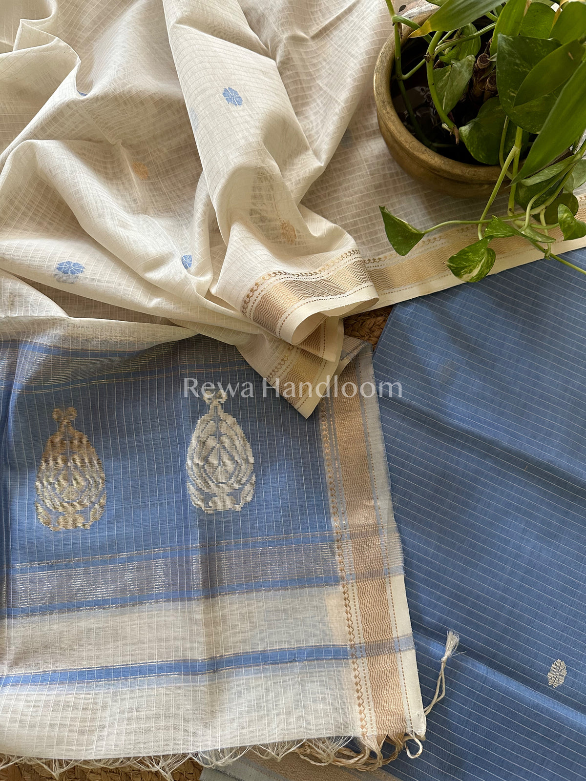 Maheshwari Light Steel Blue - White Motifs Top Dupatta Sets-NBS234