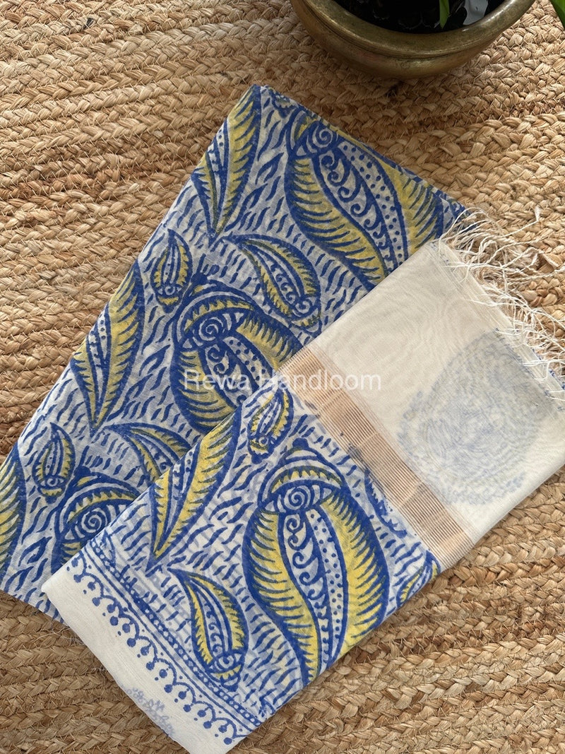 Maheshwari Blue-White Handblock Print Top-Dupatta HBS0138