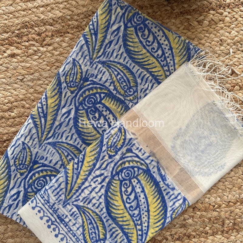 Maheshwari Blue-White Handblock Print Top-Dupatta HBS0138
