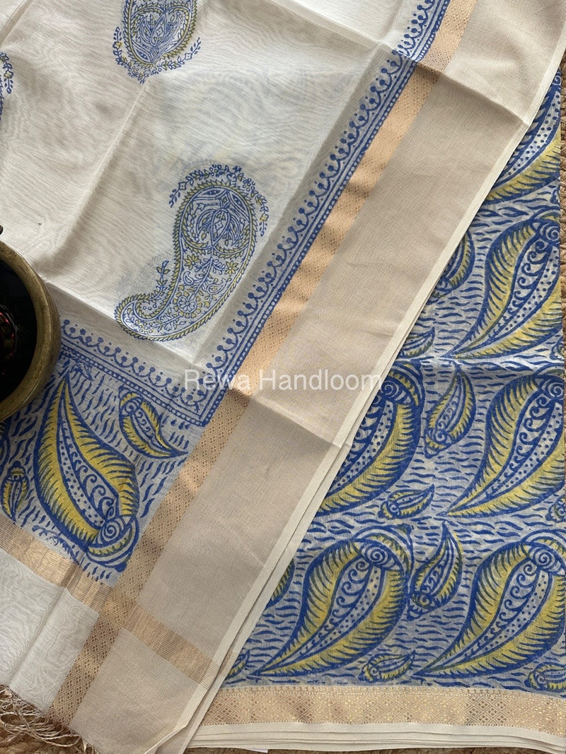 Maheshwari Blue-White Handblock Print Top-Dupatta HBS0138