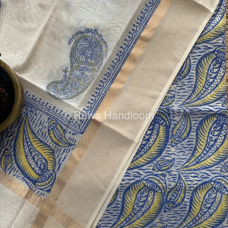 Maheshwari Blue-White Handblock Print Top-Dupatta HBS0138