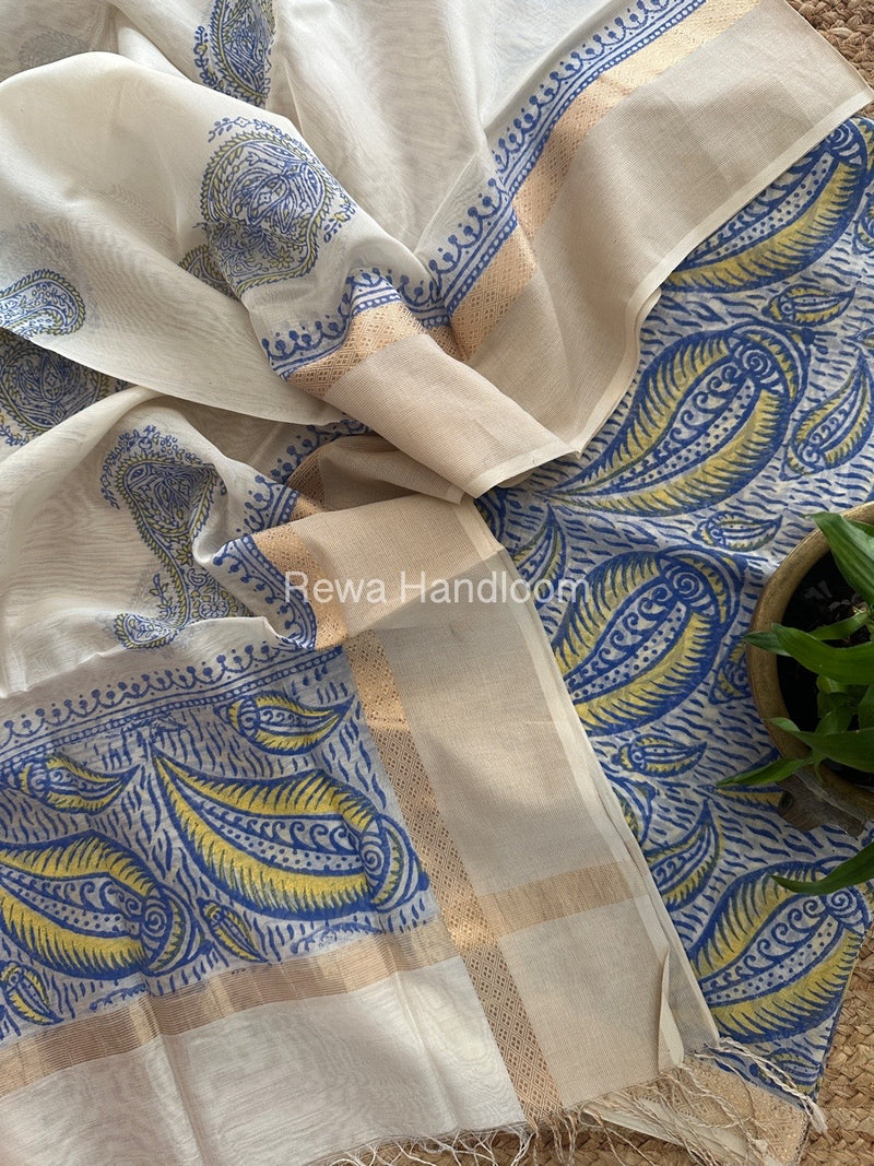 Maheshwari Blue-White Handblock Print Top-Dupatta HBS0138