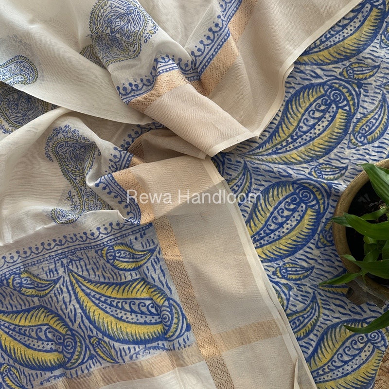Maheshwari Blue-White Handblock Print Top-Dupatta HBS0138
